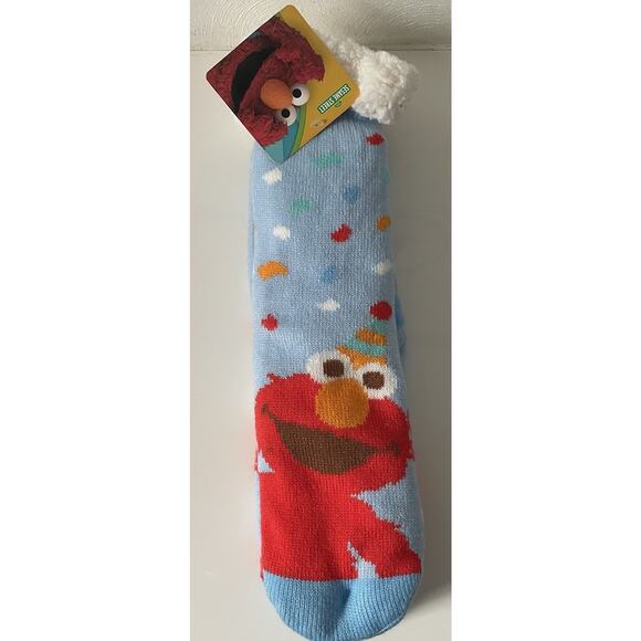 Sesame Street Accessories - New Adult Elmo Blue Party Sherpa Socks Confetti Sesame Street Non-skid Bottom